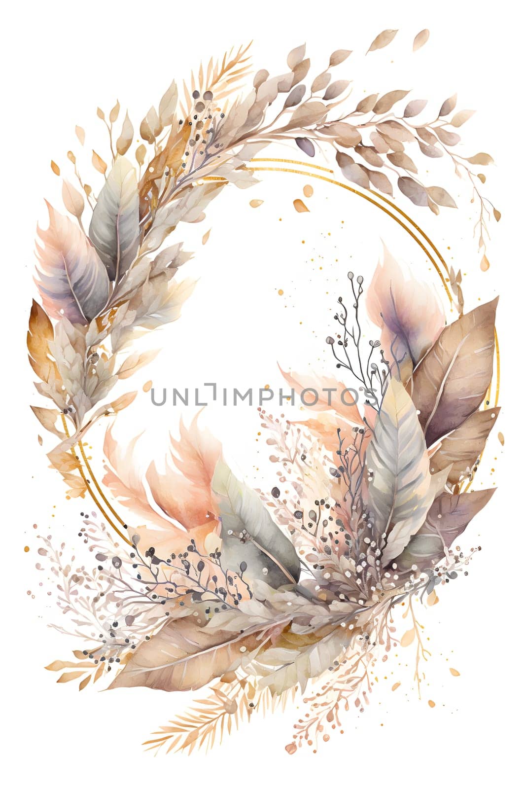 Floral botanical hand painted watercolor wreath template illustration background for wedding invitation, airy soft color flowers and green leaves in boho style, golden details. AI Generative content