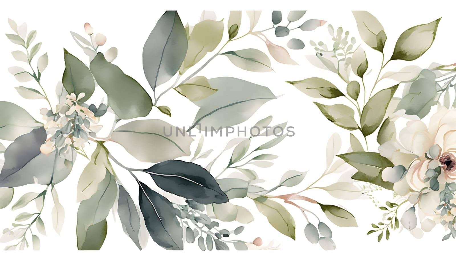 Floral botanical hand painted watercolor illustration background for wedding invitation, wallpapers or graphic design with airy soft color flowers and green leaves in boho style. AI Generative content