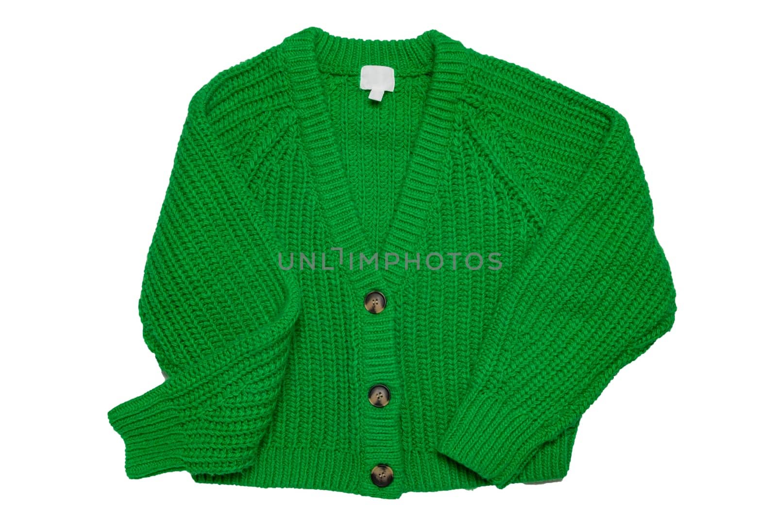 Casual elegant fluffy long-sleeved cardigan with V-neck and button closure isolated on a white background. Womens green sweater or jumper. Autumn and winter fashion.