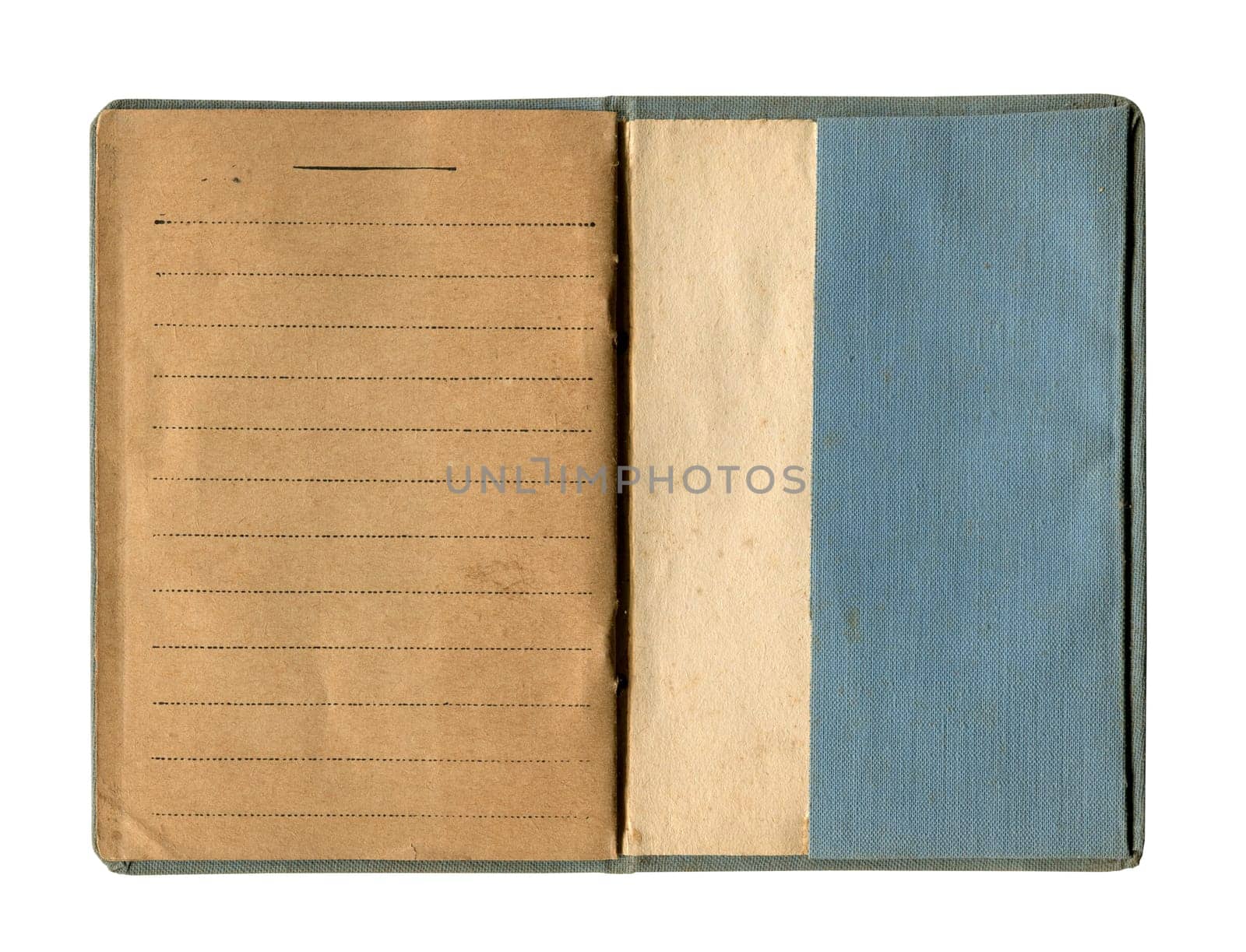 front view closeup detail of small old open notebook with vintage yellow brown lined paper and stained cloth blue cover isolated on white