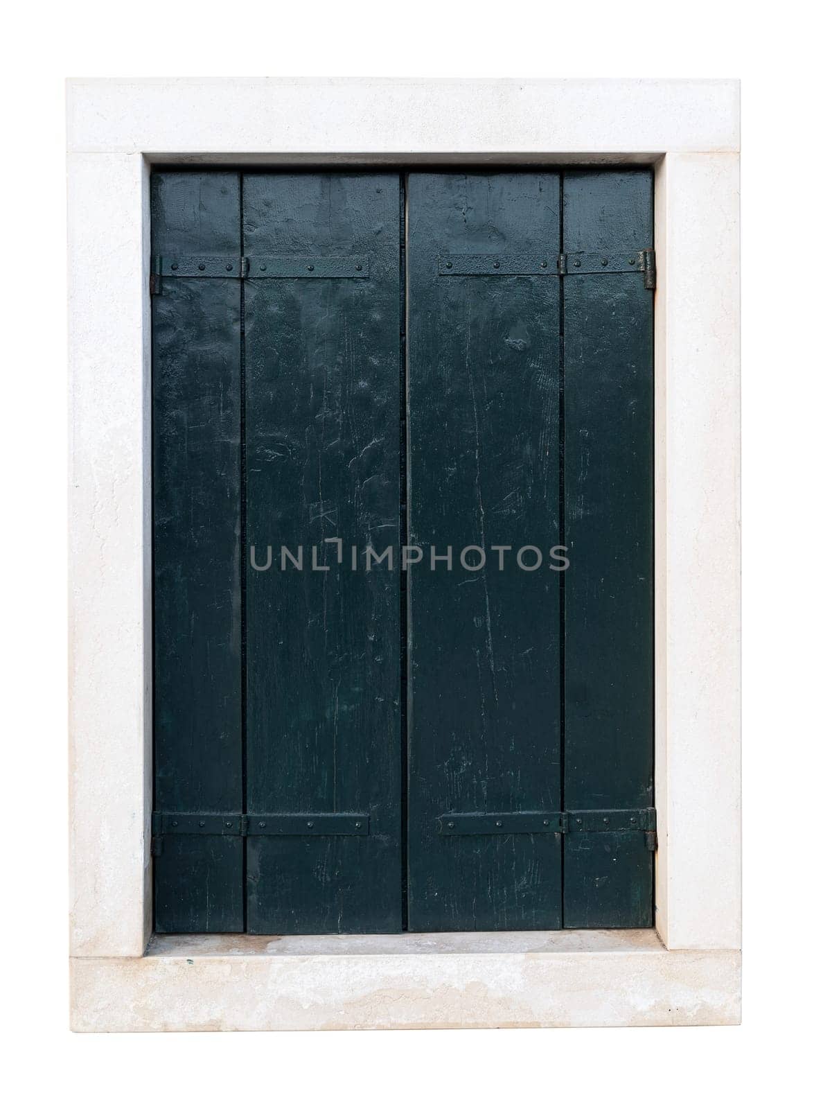 front view closeup of vintage window with stone marble frame protected with wooden dark closed exterior blinds isolated on white