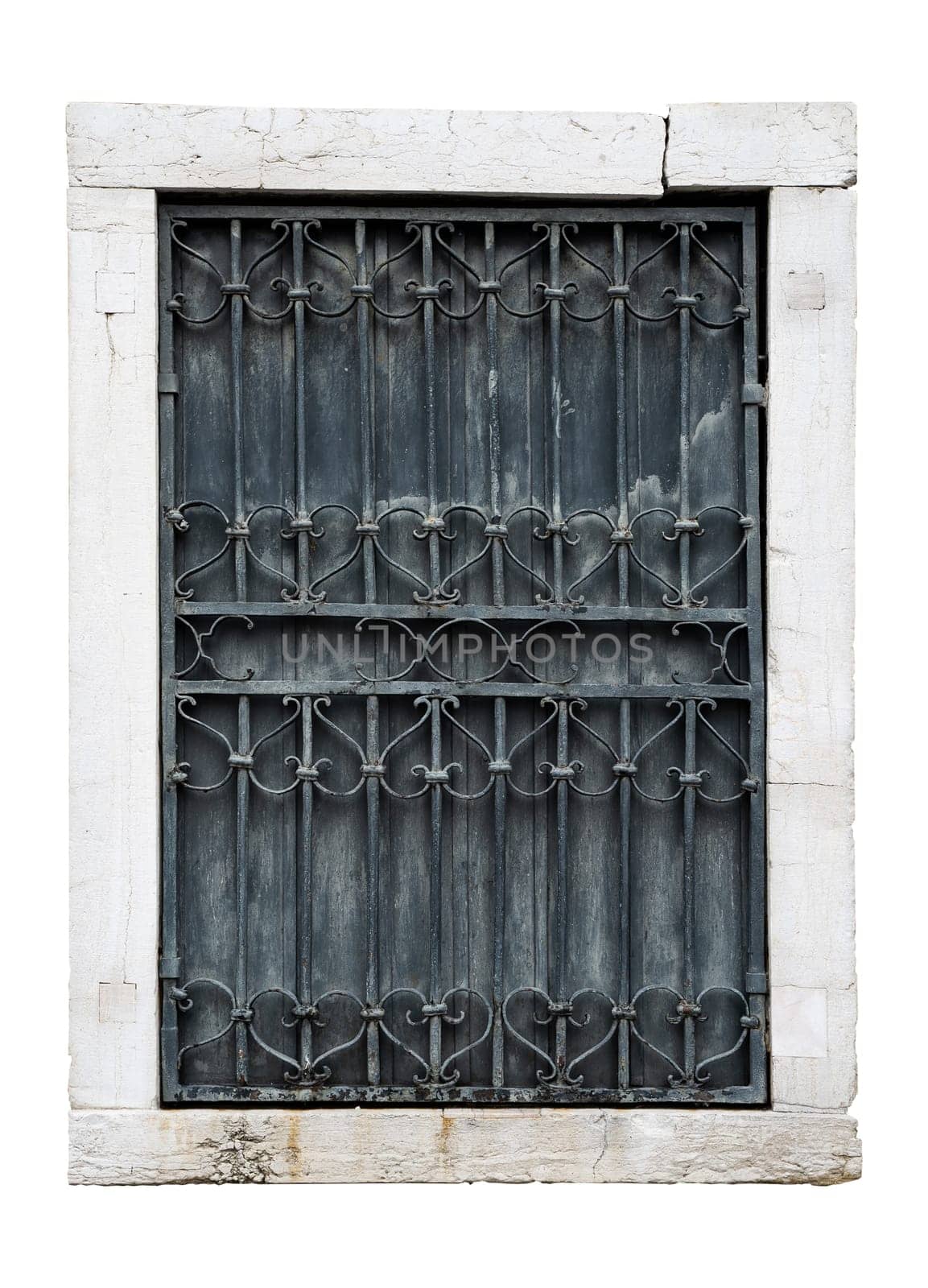 front view closeup of vintage square window with stone marble frame protected with metallic railing bars isolated on white