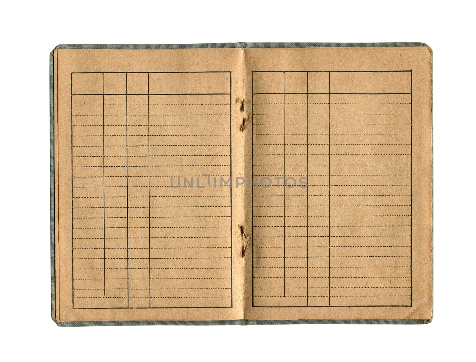 front view closeup detail of small old open notebook with vintage yellow brown paper cloth cover and empty spreadsheet accounting charts inside isolated on white background