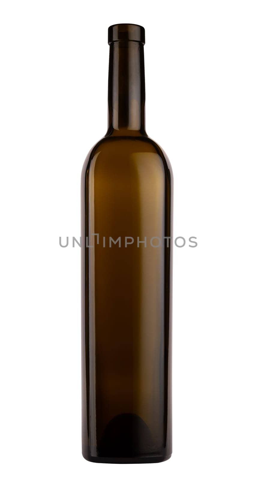 front view of tall and delicate wine bottle with brown glass and no label isolated on white background