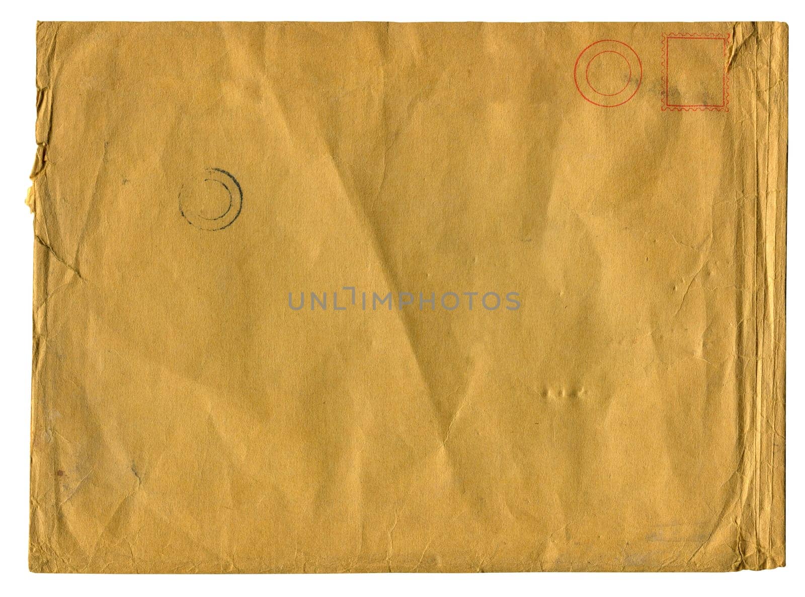 front view closeup of blank old aged closed letter paper envelope with torn edges and faded stamp print isolated on white background