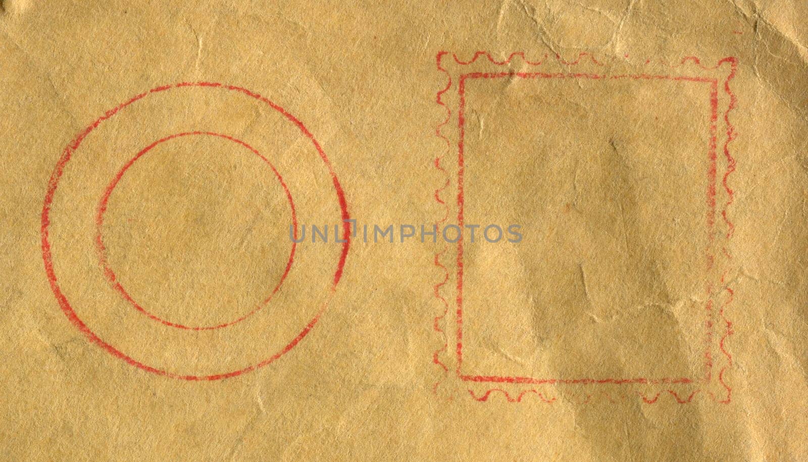 front view extreme closeup of craft antique brown paper with empty old imprints of postal stamp seals in red color ink