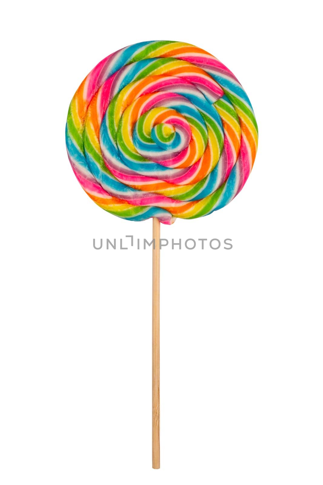 closeup detail of colorful lollipop candy on a stick  isolated on white background