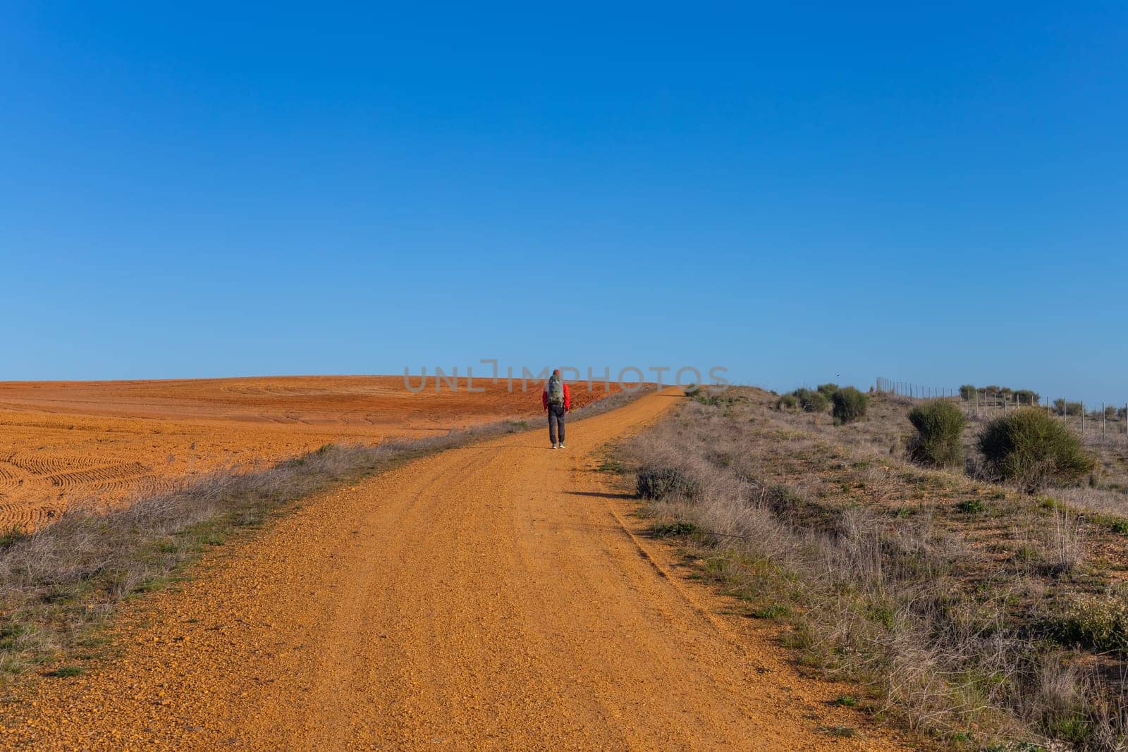 Extremadura, Spain, 27 March, 2023: Pilgrim walk along the Camino De Santiago, the Way of St. James pilgrimage route, Extremadura, Spain.