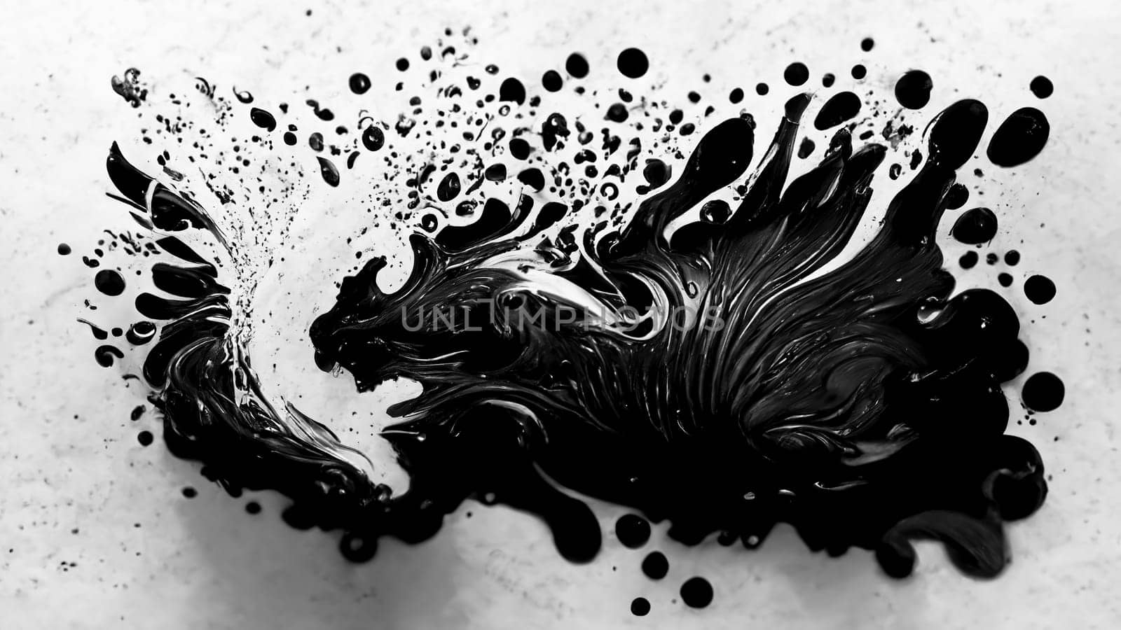 Abstract black splash flowing on bright wall in horizontal banner format