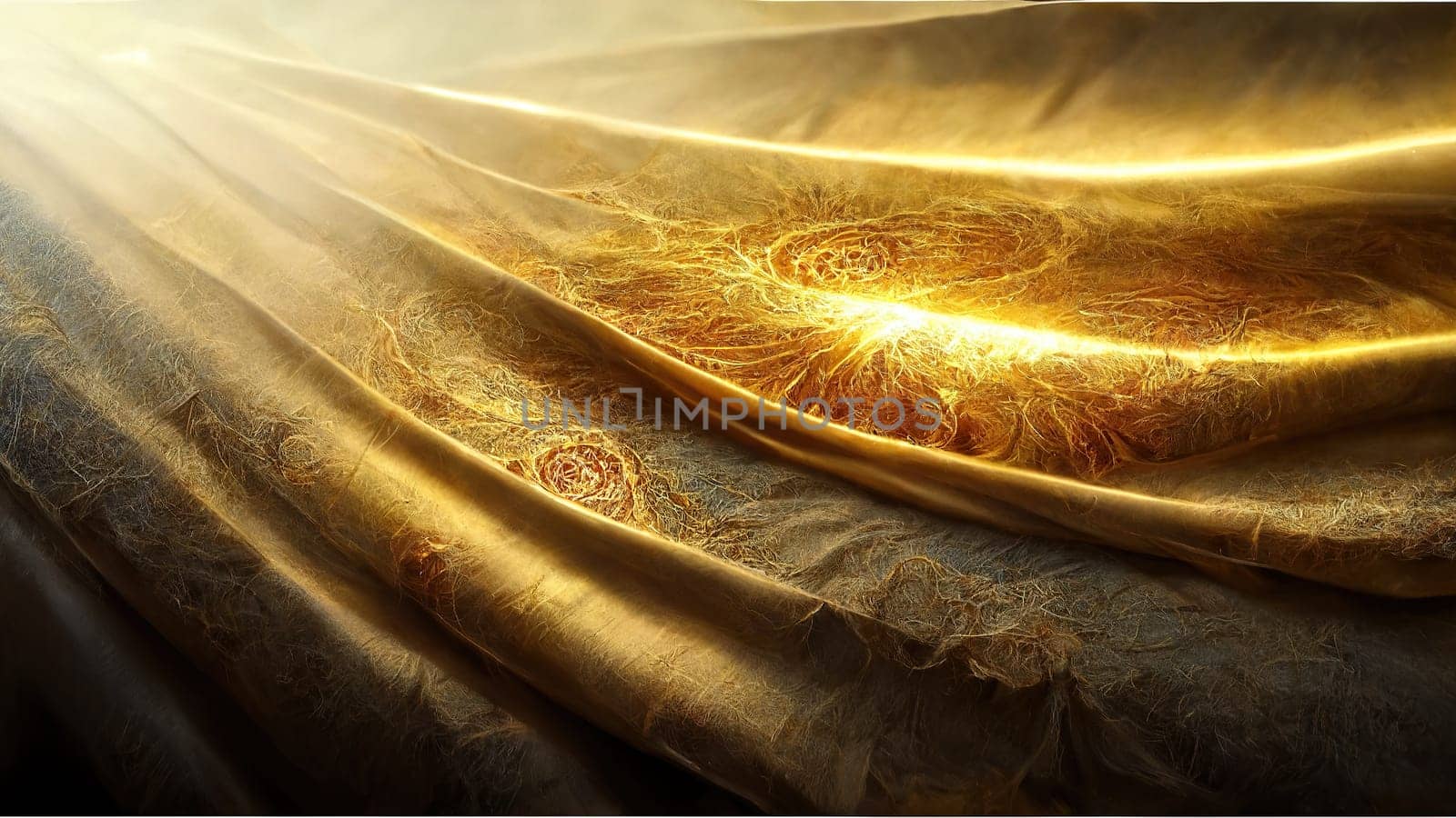 Abstract art fluid golden waves background full frame with bright lightning. Artificial Art.