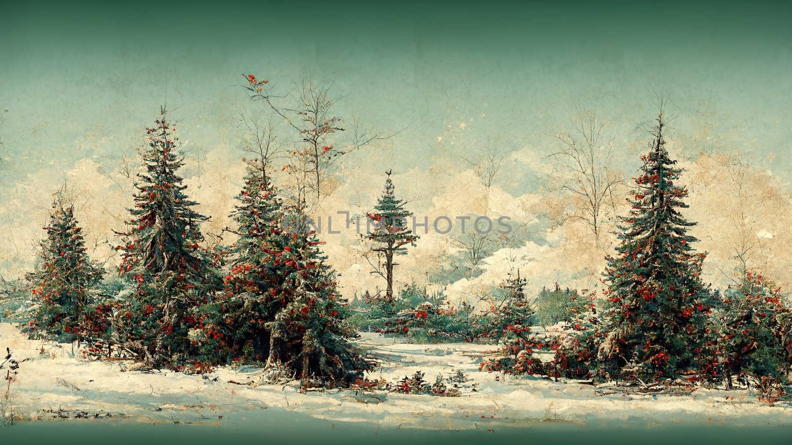 Retro christmas card with fir and snow landscape abstract digital art.