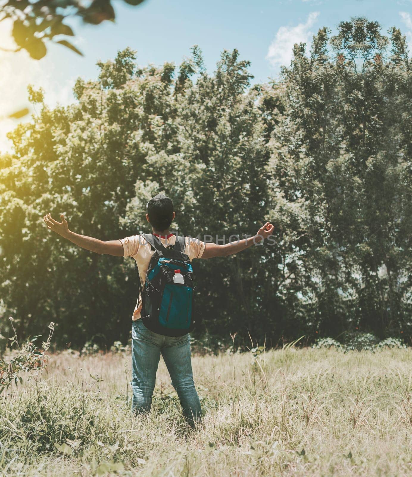 Backpacker man in the forest spreading his arms, Backpacker man in the forest spreading his arms, Rear view of hiker man spreading his arms in the forest