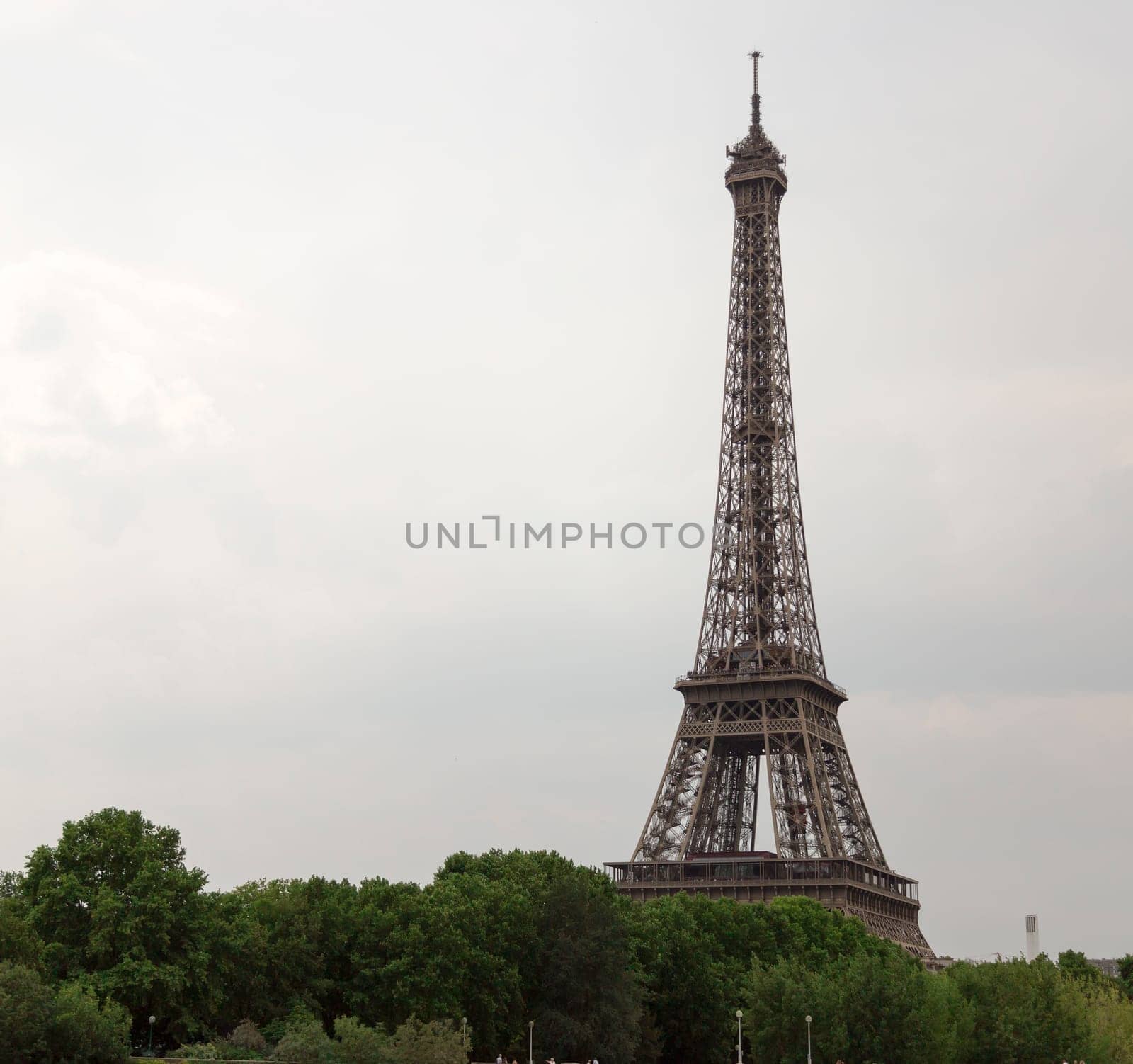 Eiffel Tower in Paris, France with clouds behind it and trees in front of it.