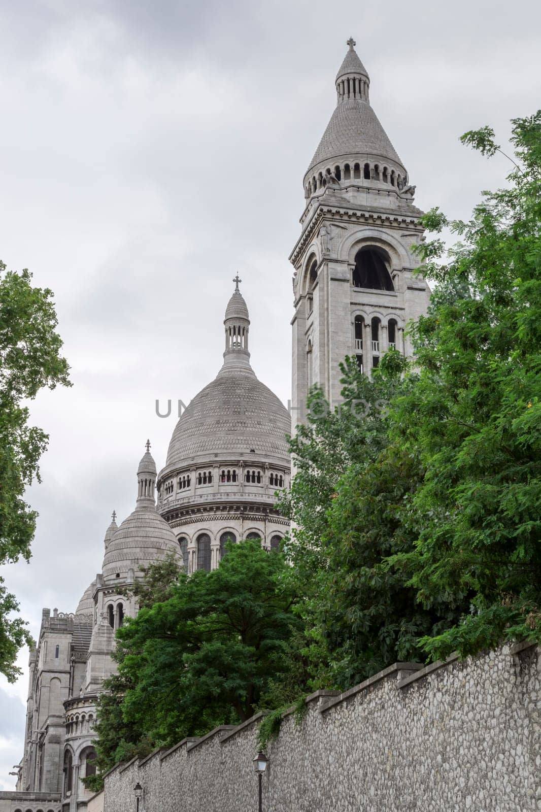 The  Sacre Coeur Church in Paris, France with trees in front of it.