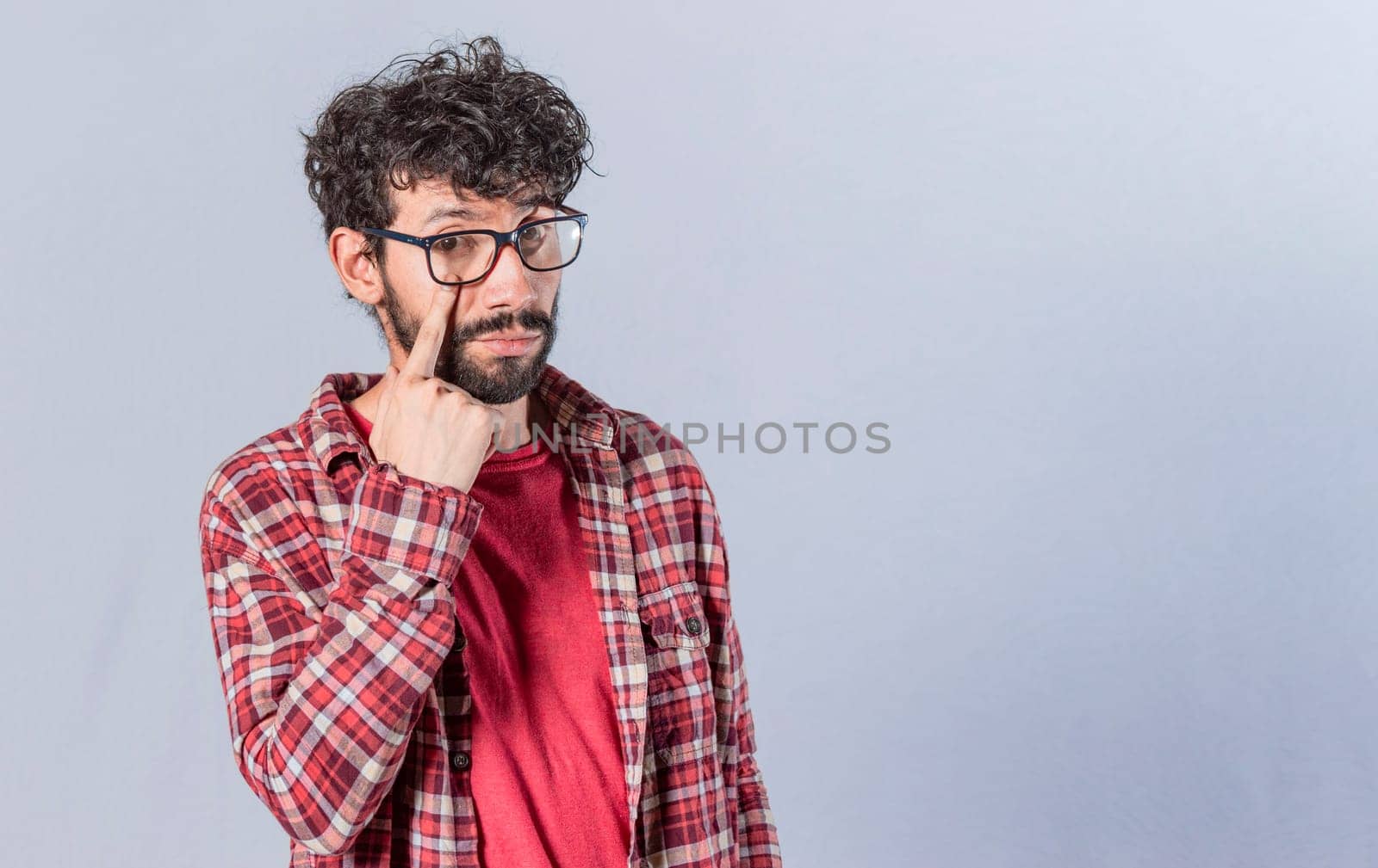 Distrustful man watching you, person with eyes on you, Distrustful guy with finger in the eye, distrustful man watching me