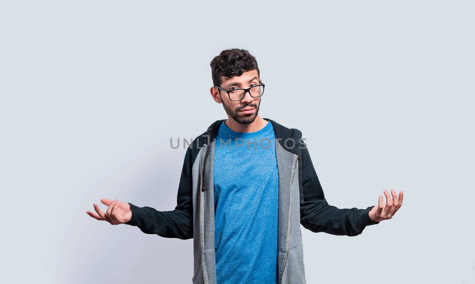 Puzzled person spreading hands, Clueless person with open arms, Man with a face of not having an answer
