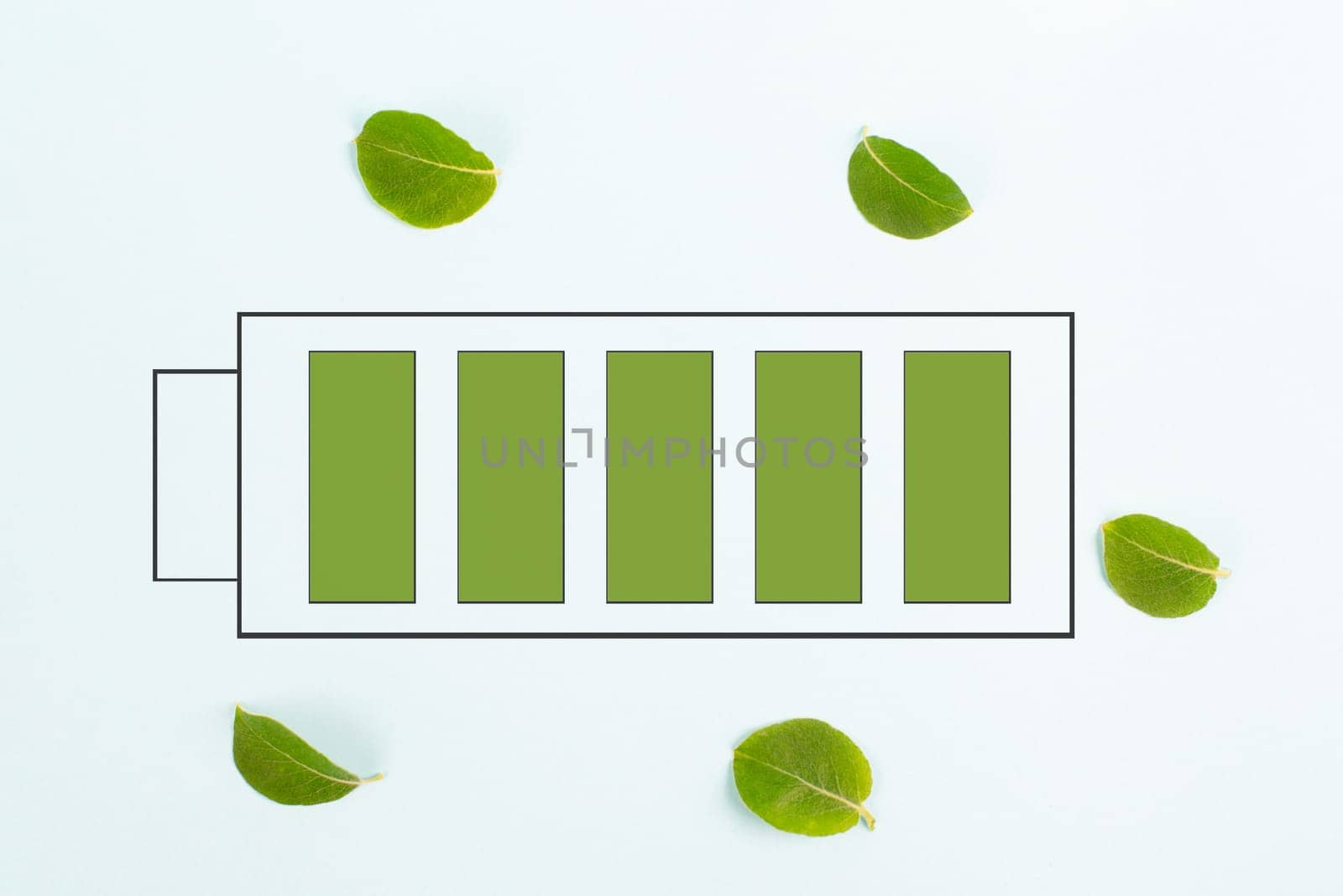 Green energy battery with leaves, sustainable renewable electricity power, csr concept, environment protection, eco technology