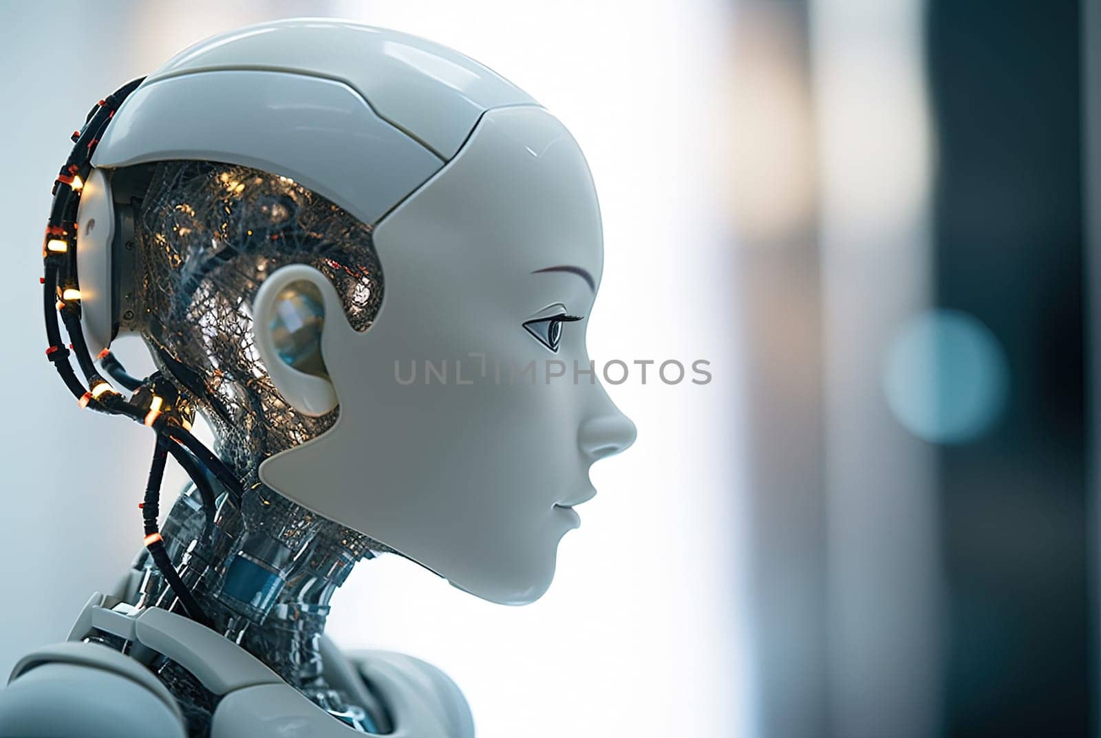 Robot with form and aesthetic human features. Illustrative image representing artificial intelligence. 3D illustration.