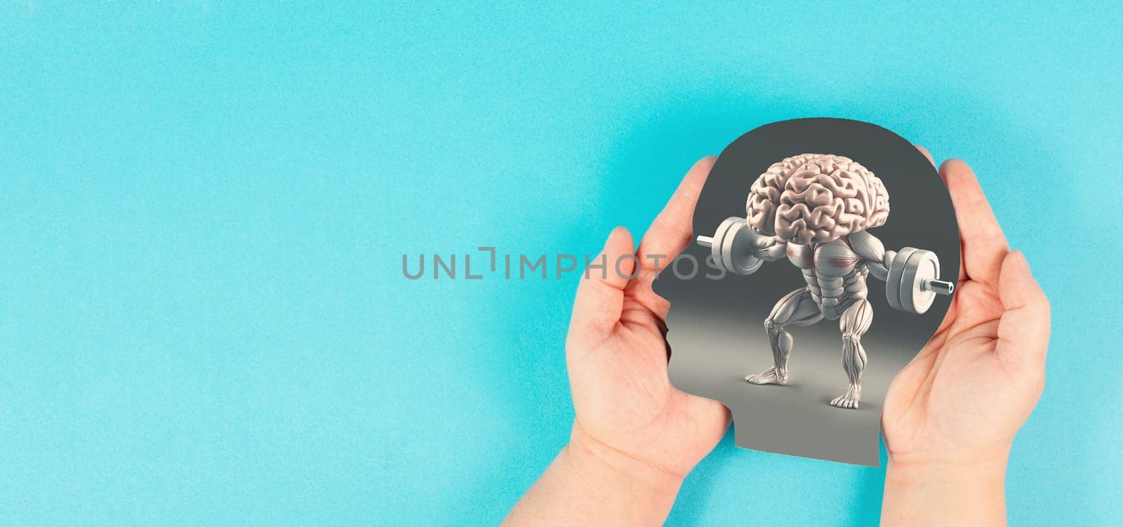 Human brain lifts weight with dumbbell, memory and mind training, brain power and mindset, generative AI used for the brain