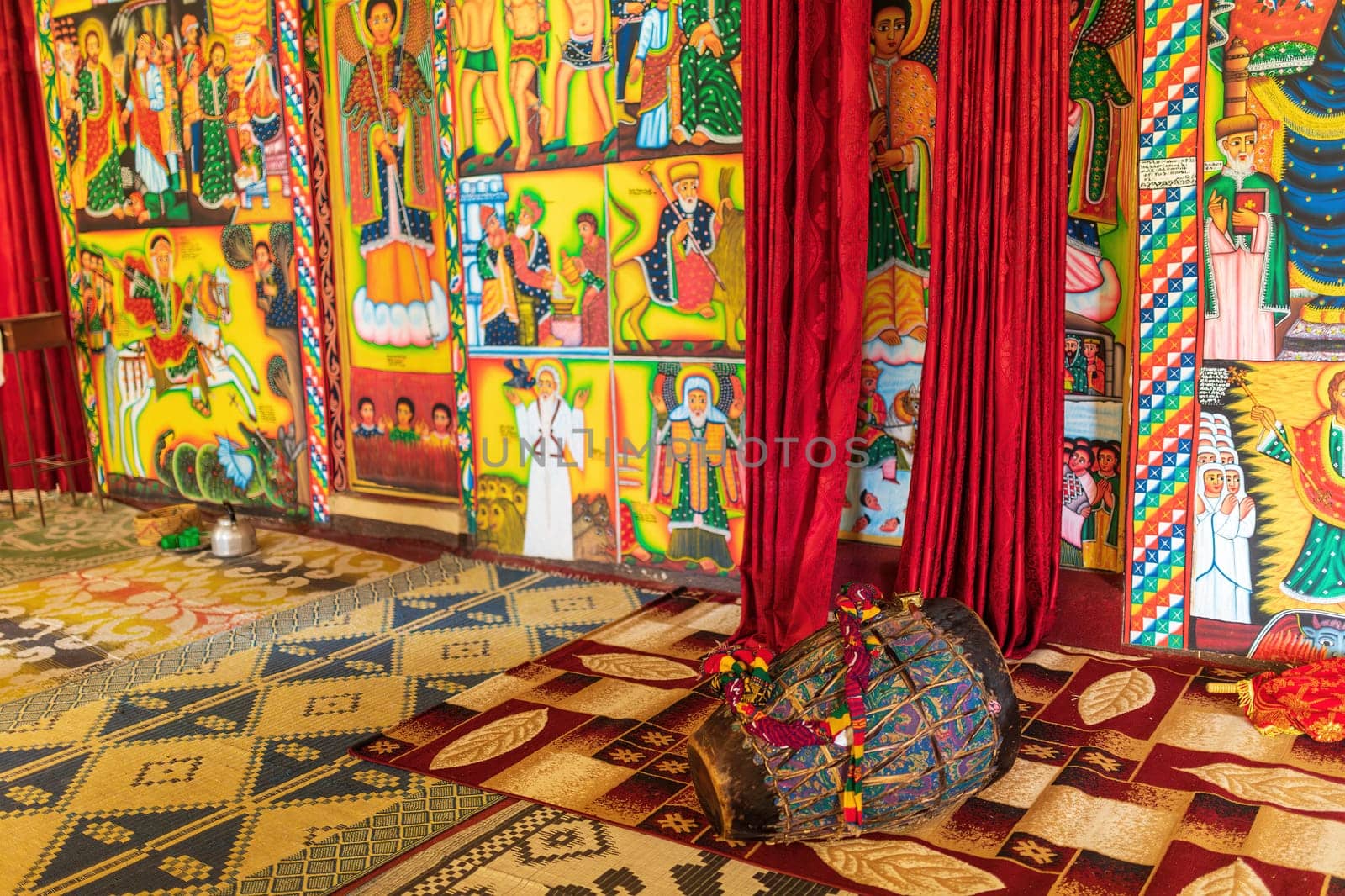 Religious drum, musical instrument inside Entos Eyesu UNESCO Monastery situated on small island on lake Tana near Bahir Dar. Ethiopia Africa