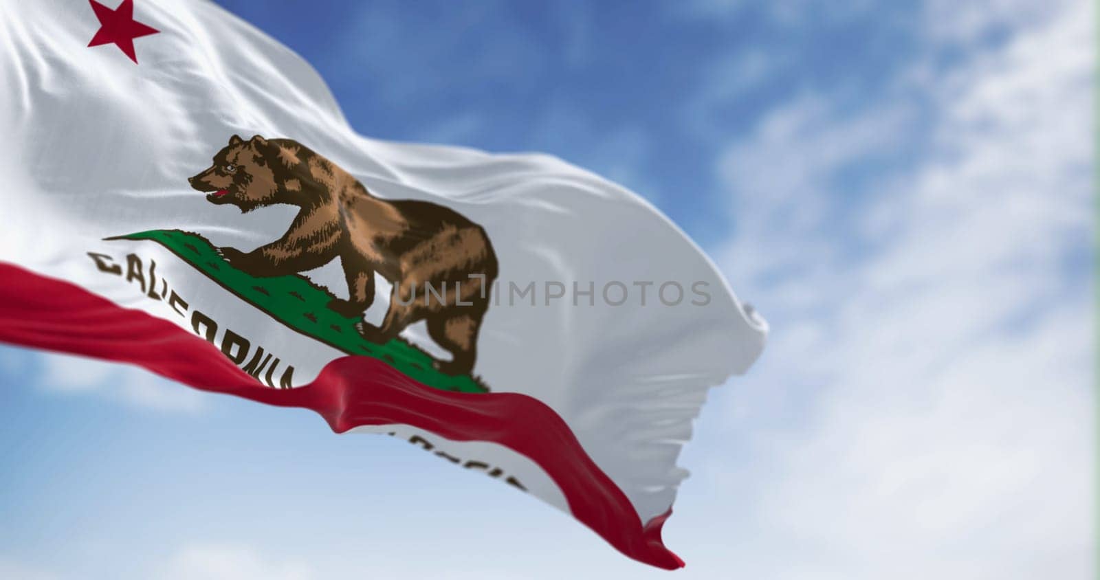 California State flag waving on a clear day. California flag is also the Bear Flag. 3d illustration render. Rippled Fabric. Textured background. Selective focus