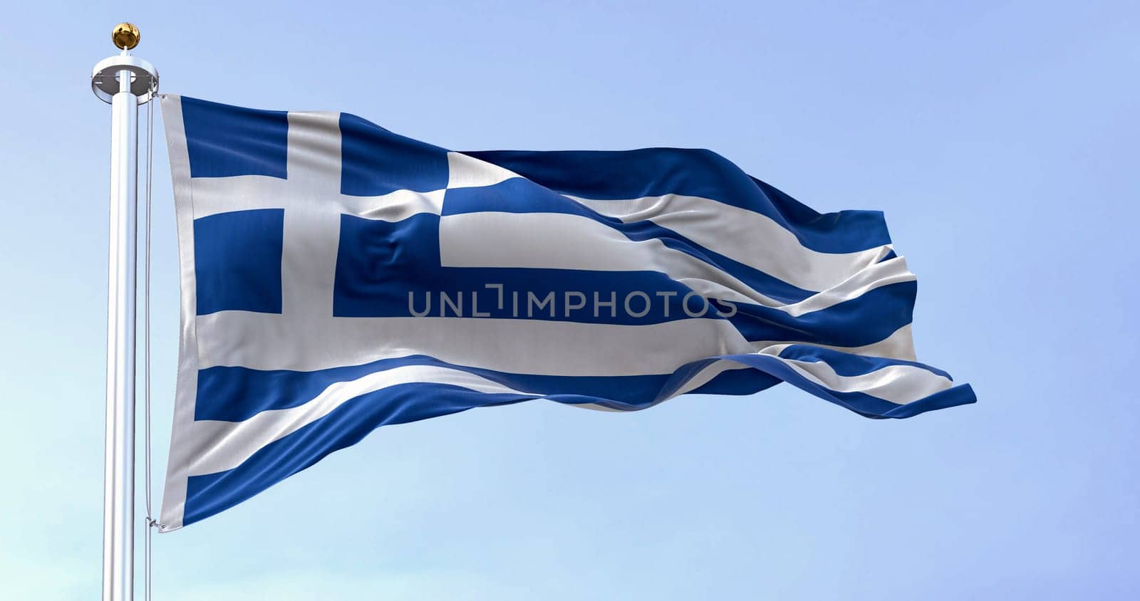 National flag of Greece waving in the wind on a clear day. Blue and white stripes with a blue canton bearing a white cross. 3d illustration render. Fluttering fabric.