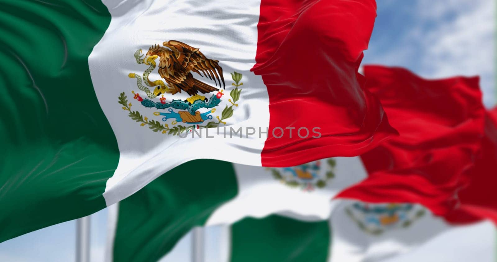 Three Mexican national flags waving in the wind. vertical tricolor of green, white, and red with national coat of arms in the center of the white stripe. 3D illustration render. Rippled textile