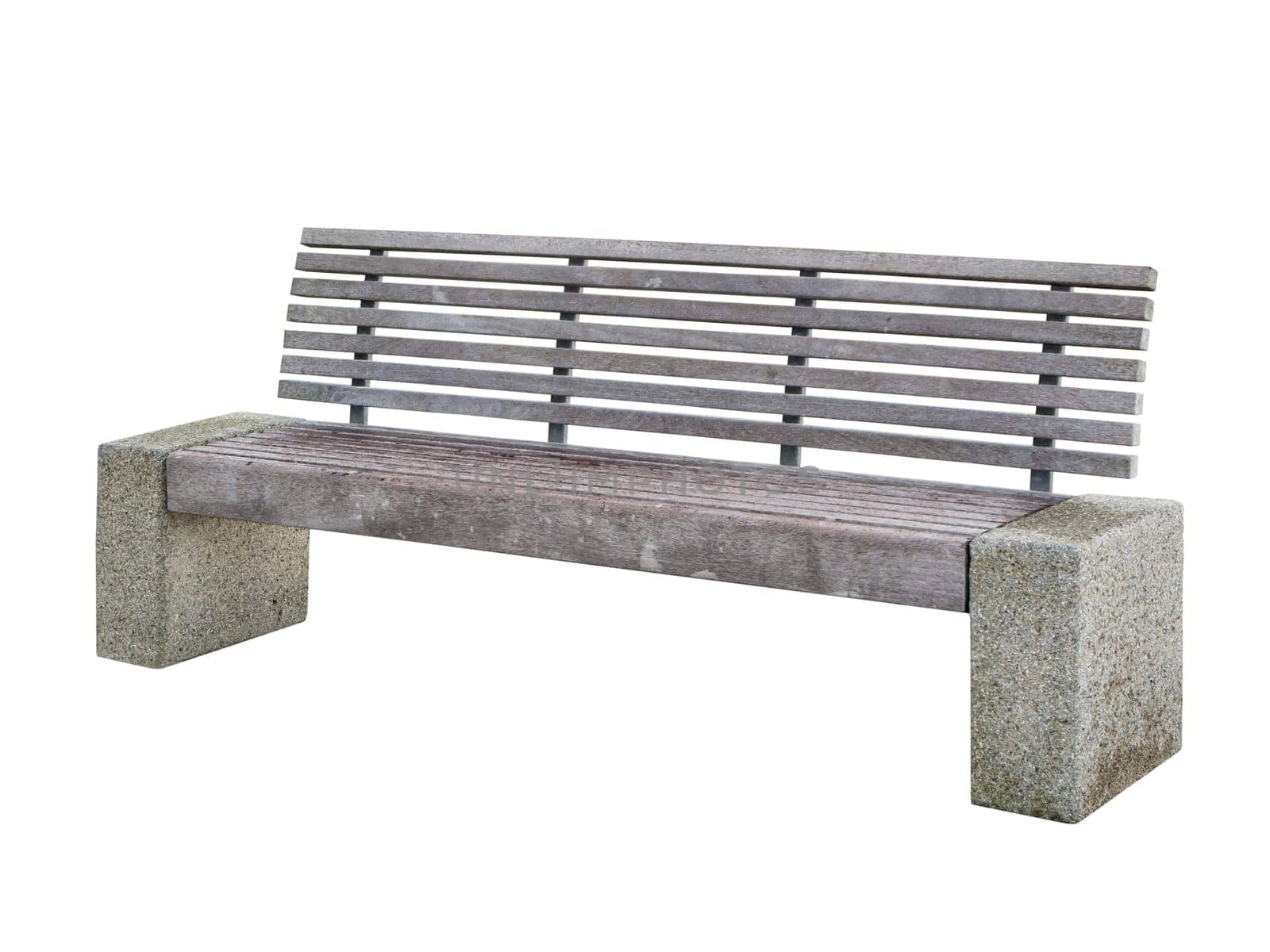 Three-quarter view of weathered concrete garden bench sides isolated on white.