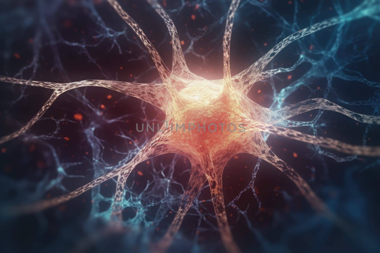Neuron conceptual image of human nervous system. 3D illustration of neurons with vivid colors.