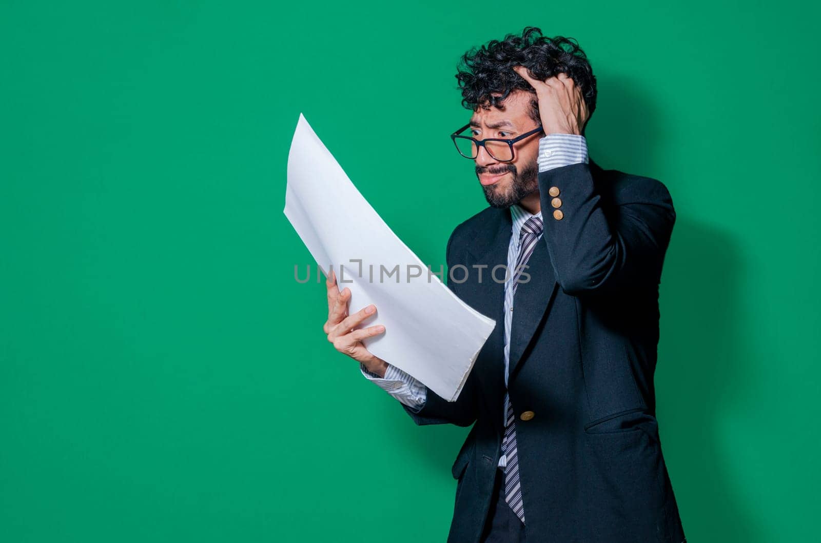 Confused businessman with documents in hand, Businessman puzzled with documents in hand isolated, Concept of man in formal suit frustrated with documents in hand