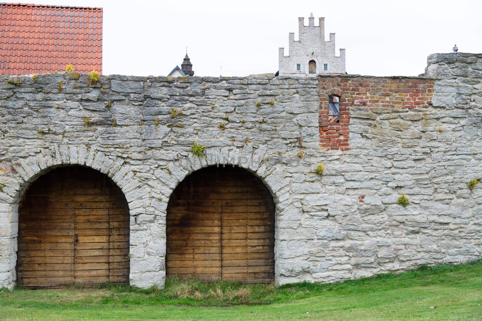 Wooden Doors in the town-wall of Visby, Gotland with buildings behind it.