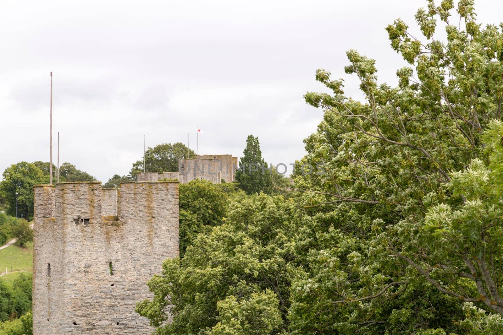 Town Wall of Visby, Gotland in Sweden with trees beside it an a cloudy sky.