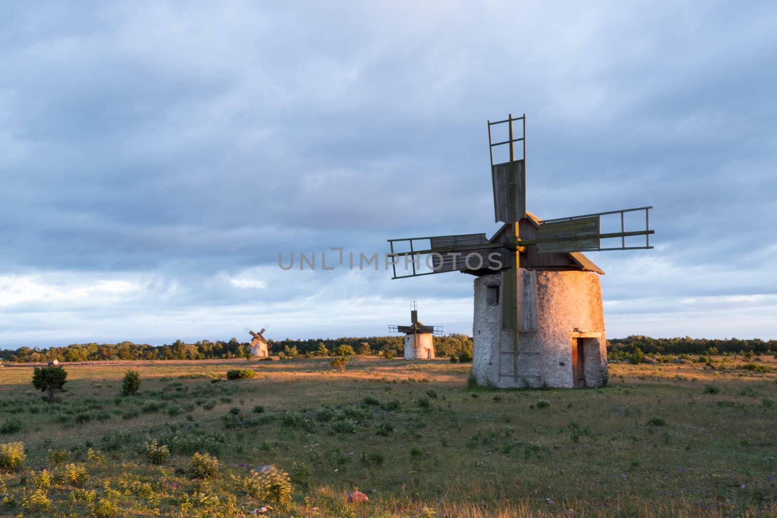 Windmills in Field in Gotland, Sweden at sunset with clouds behind them.