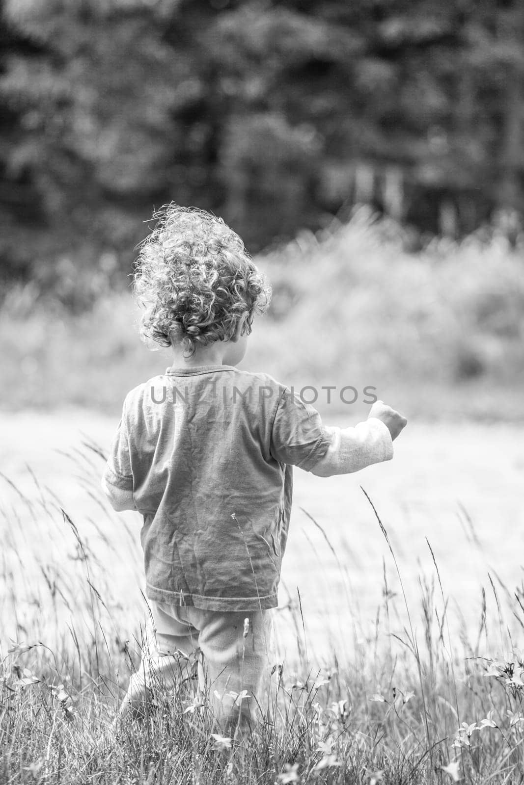 Portrait of 1 year old baby boy having fun on a mountain meadow.
