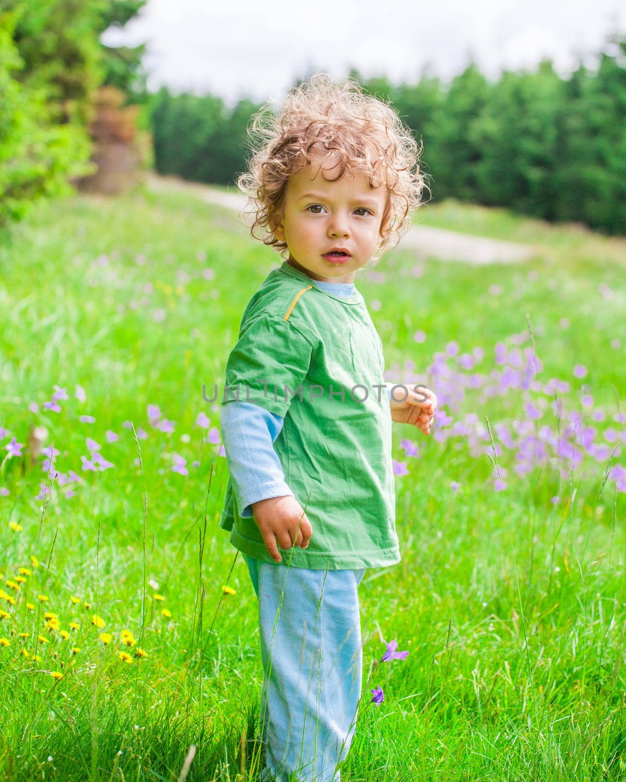 Portrait of 1 year old baby boy having fun on a mountain meadow.