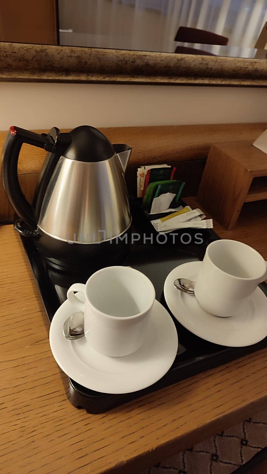 White coffee tea cap hotel apartment wooden table ceramic objects kitchen food drinks . High quality photo