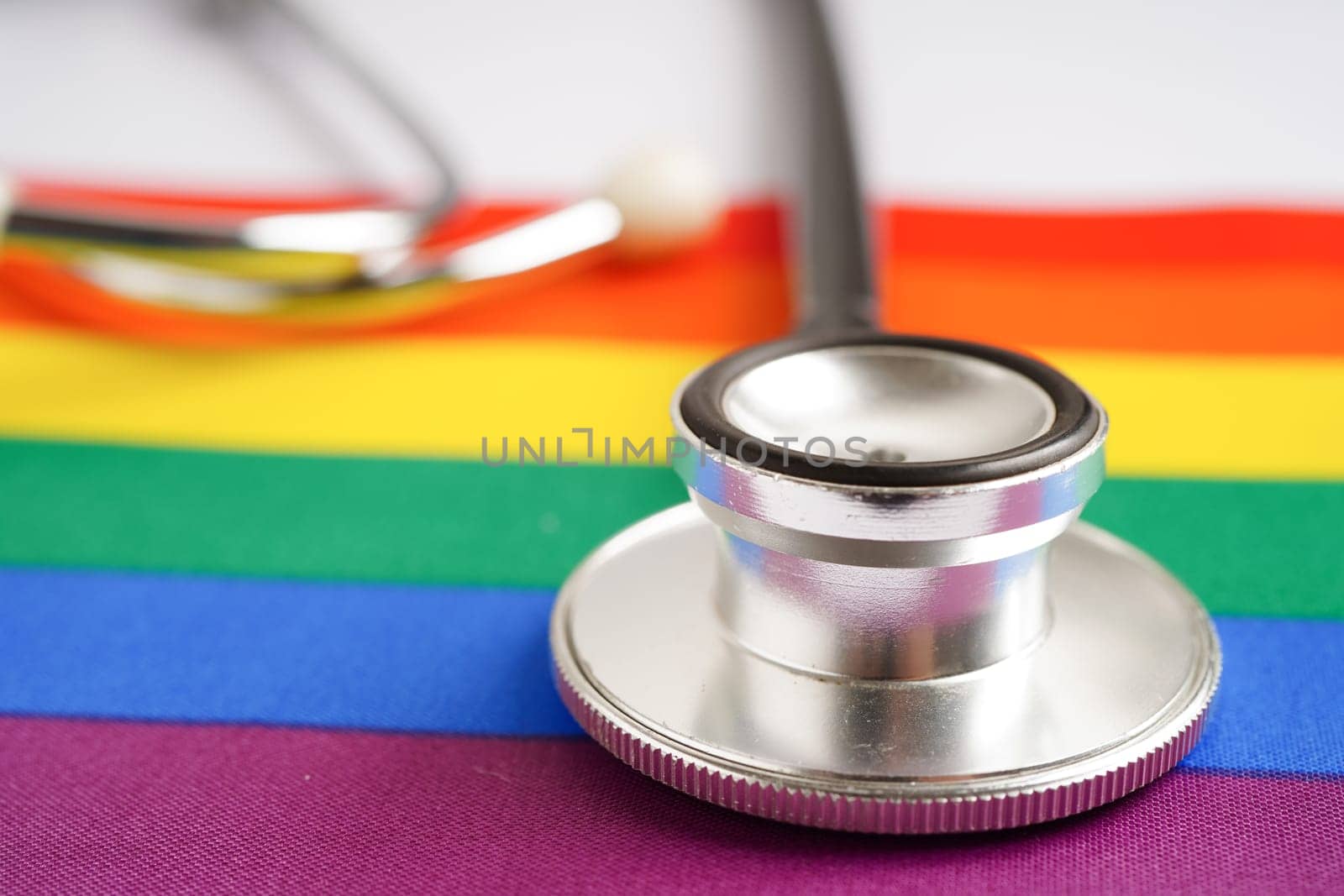 LGBT symbol, Stethoscope with rainbow ribbon, rights and gender equality, LGBT Pride Month in June.