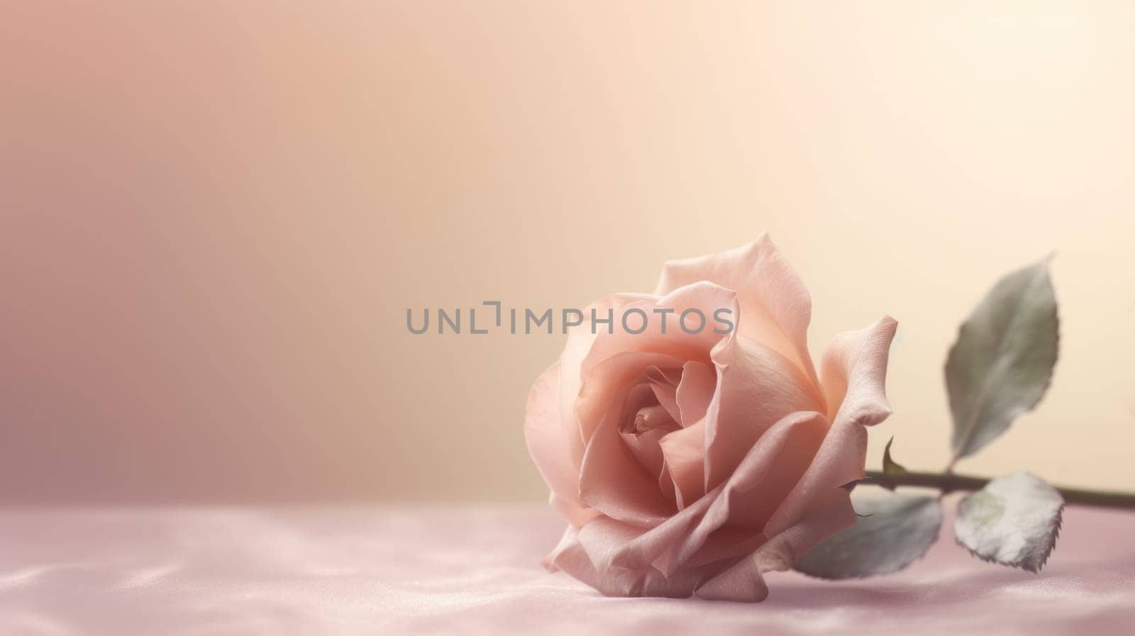 Single pink rose lying on a pastel peach to yellow gradient background. Created using AI Generated technology and image editing software.