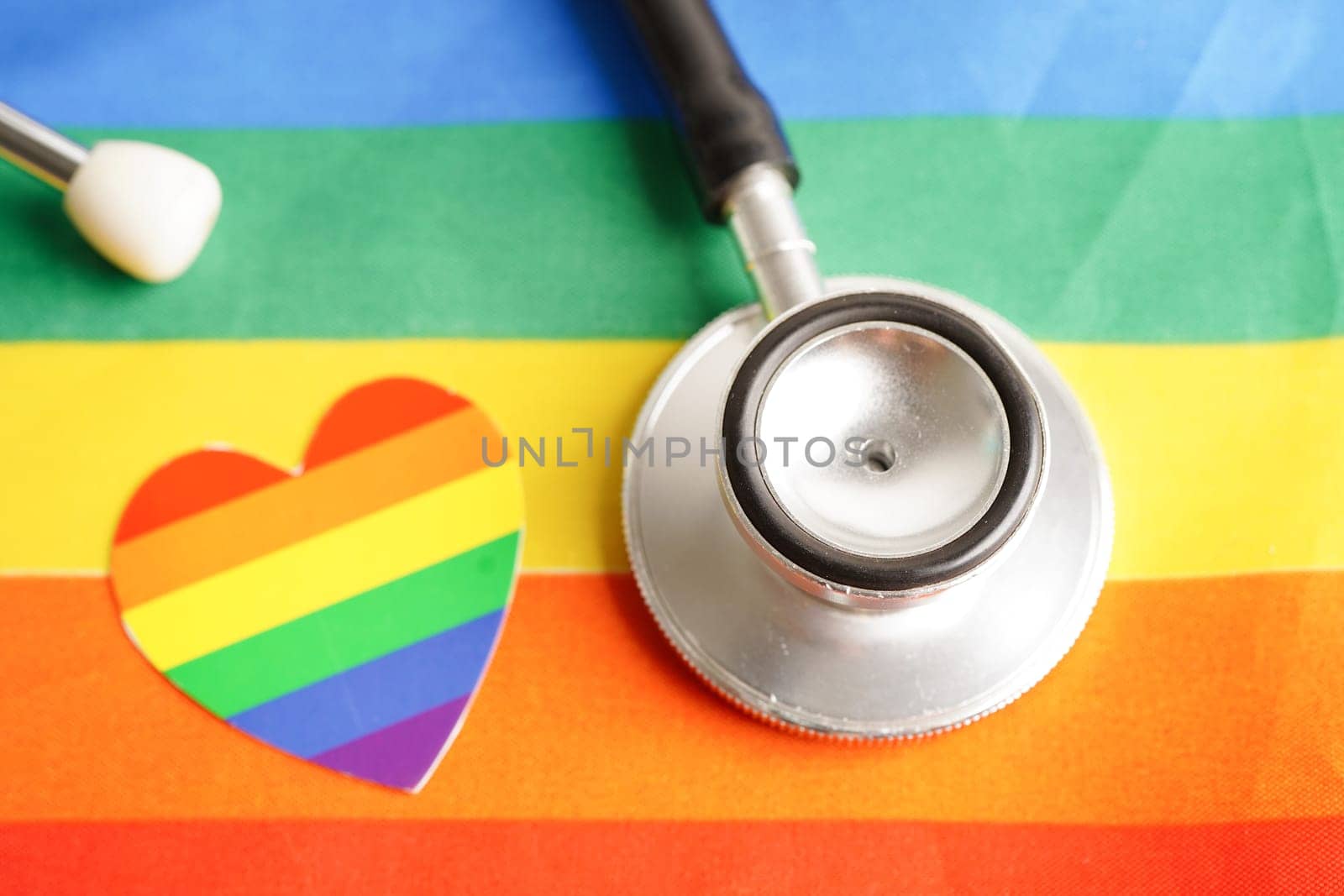 LGBT symbol, Stethoscope with rainbow ribbon, rights and gender equality, LGBT Pride Month in June.