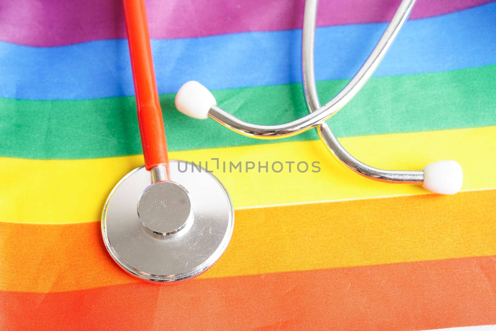 LGBT symbol, Stethoscope with rainbow ribbon, rights and gender equality, LGBT Pride Month in June.