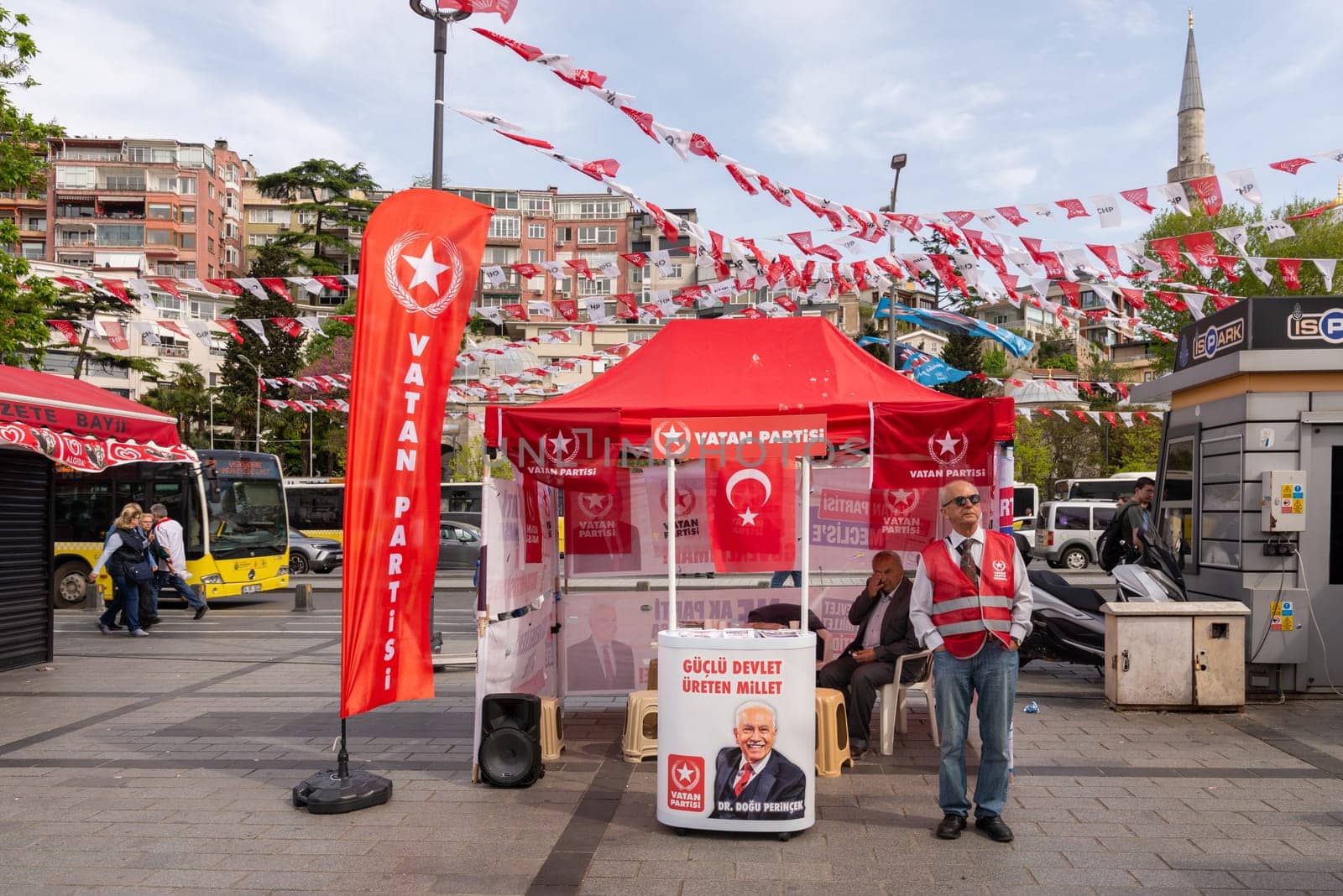 Istanbul, Turkey - May 3 2023: Vatan Party supporters in front of party tent in the neighbourhood of Uskudar during 2023 elections