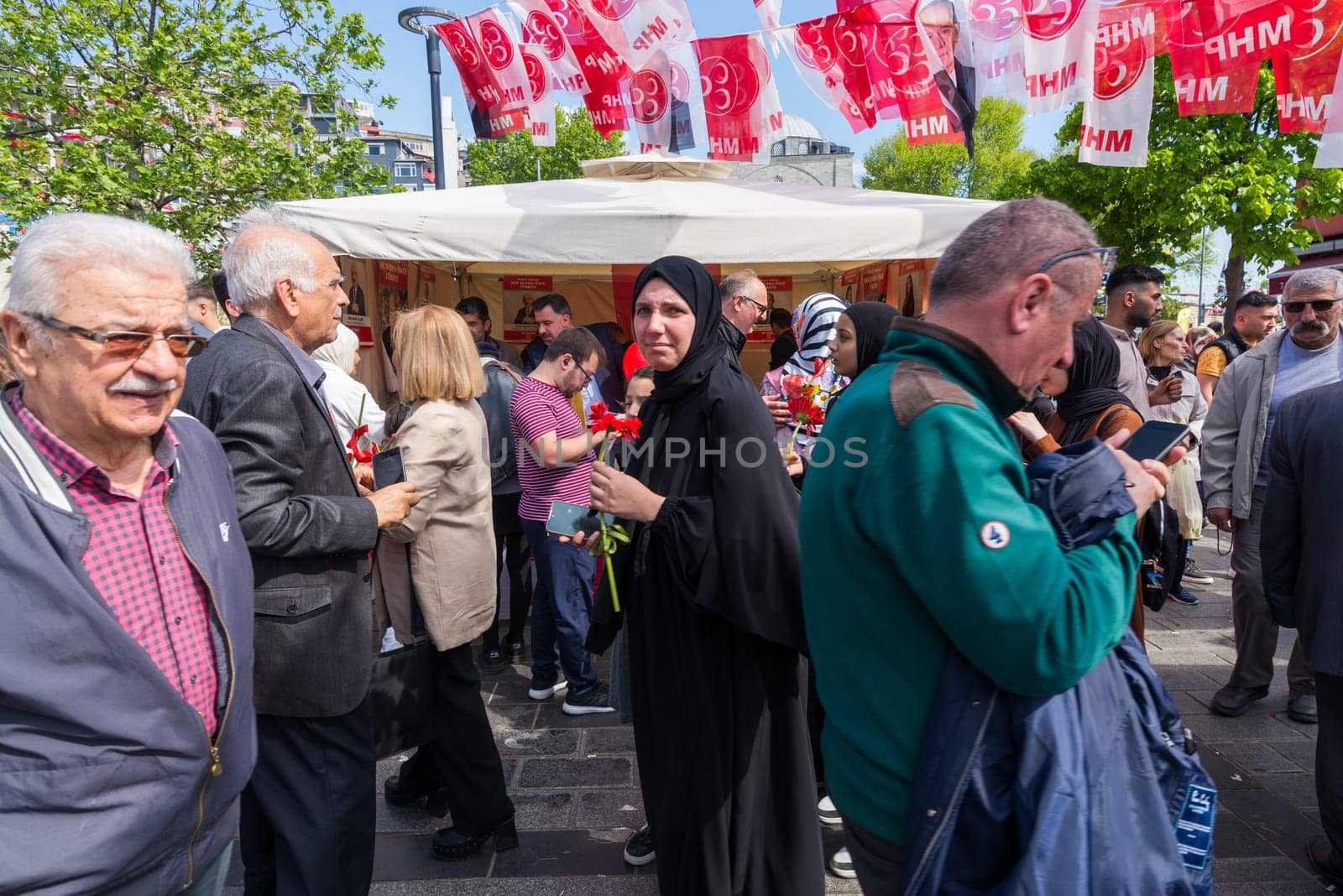 Istanbul, Turkey - May 13 2023: AK Party tent in the neighbourhood of Uskudar during 2023 elections