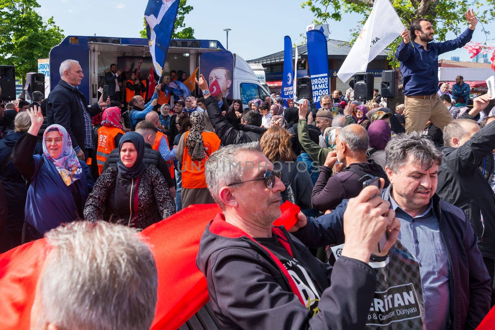 Istanbul, Turkey - May 13 2023: AK Party tent in the neighbourhood of Uskudar during 2023 elections