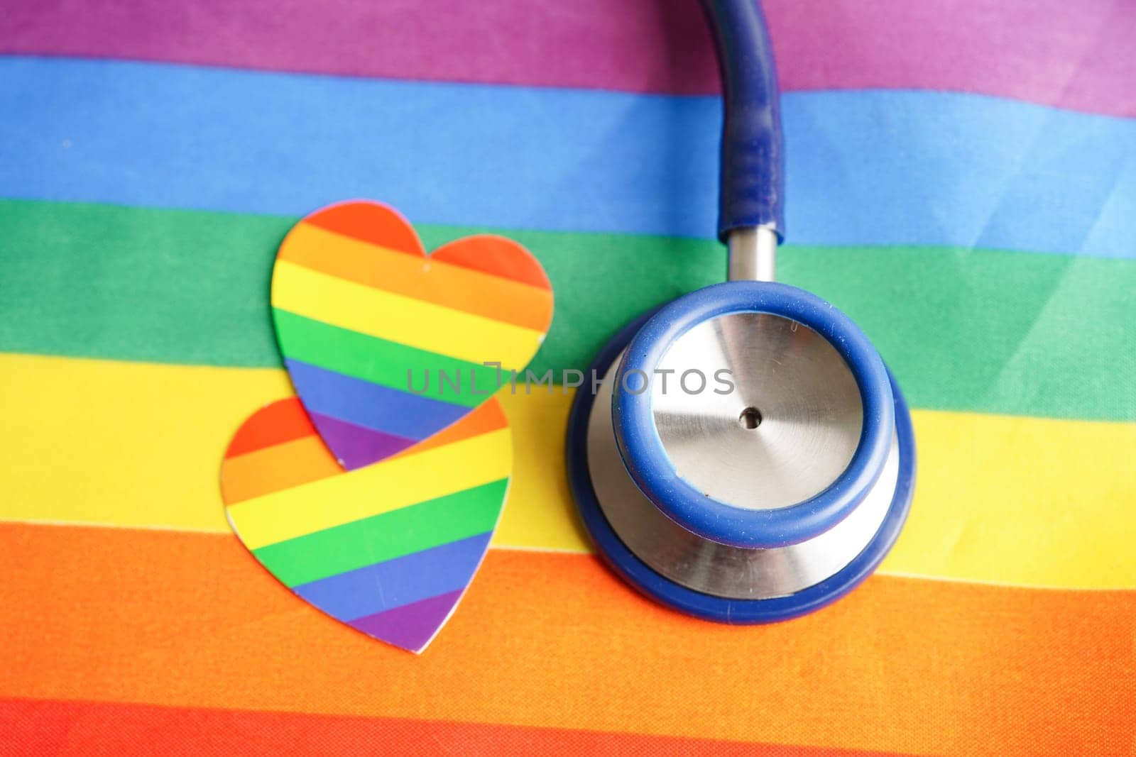 LGBT symbol, Stethoscope with rainbow ribbon, rights and gender equality, LGBT Pride Month in June.