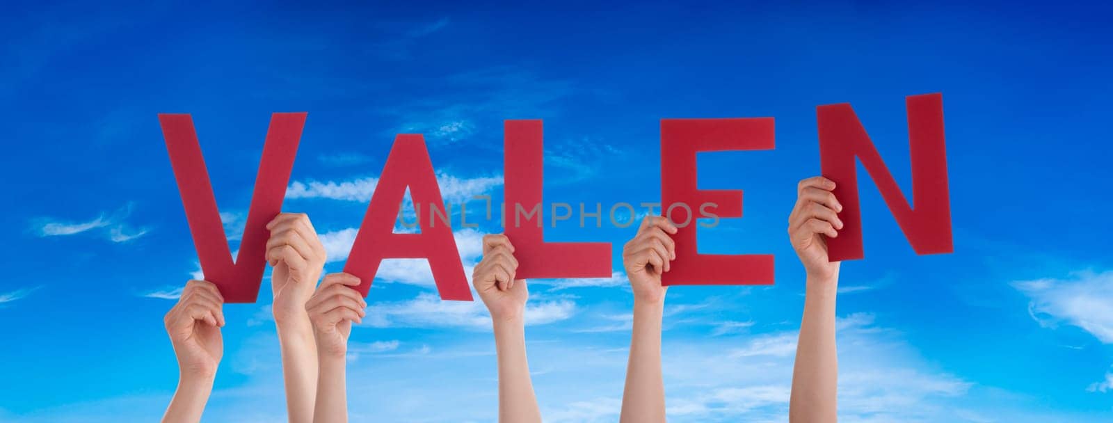 People Or Persons Hands Building English Word Relax. Blue Sky As Background.