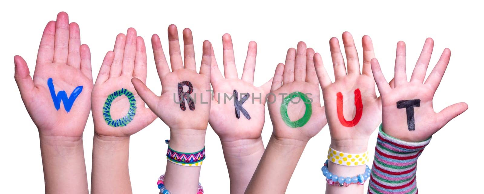 Children Hands Building Colorful English Word Workout. White Isolated Background