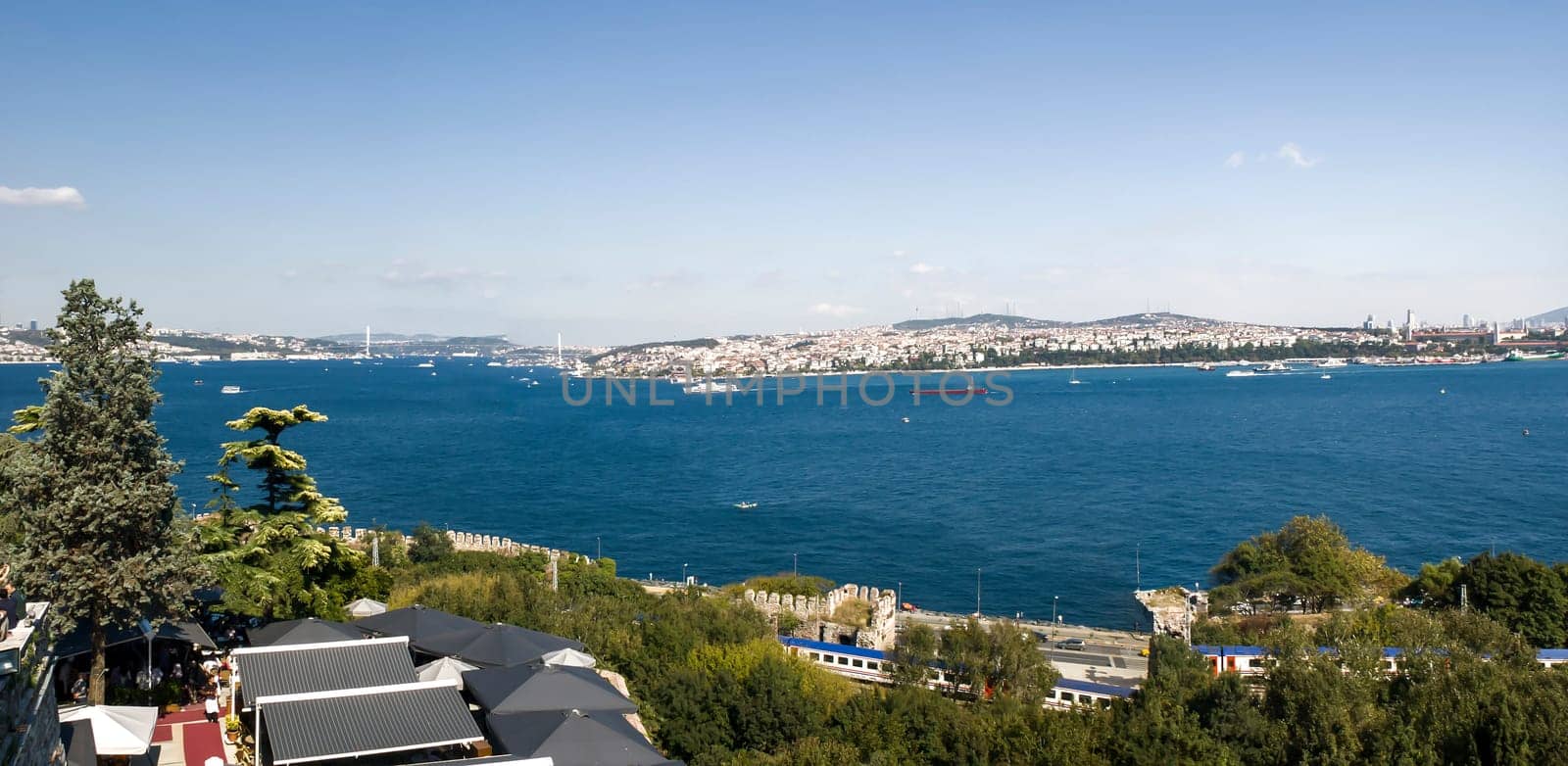 Panoramic of the Bosphorus. The strait that connects the Black Sea to the Sea of Marmara and marks the boundary between the Europe and the Asia