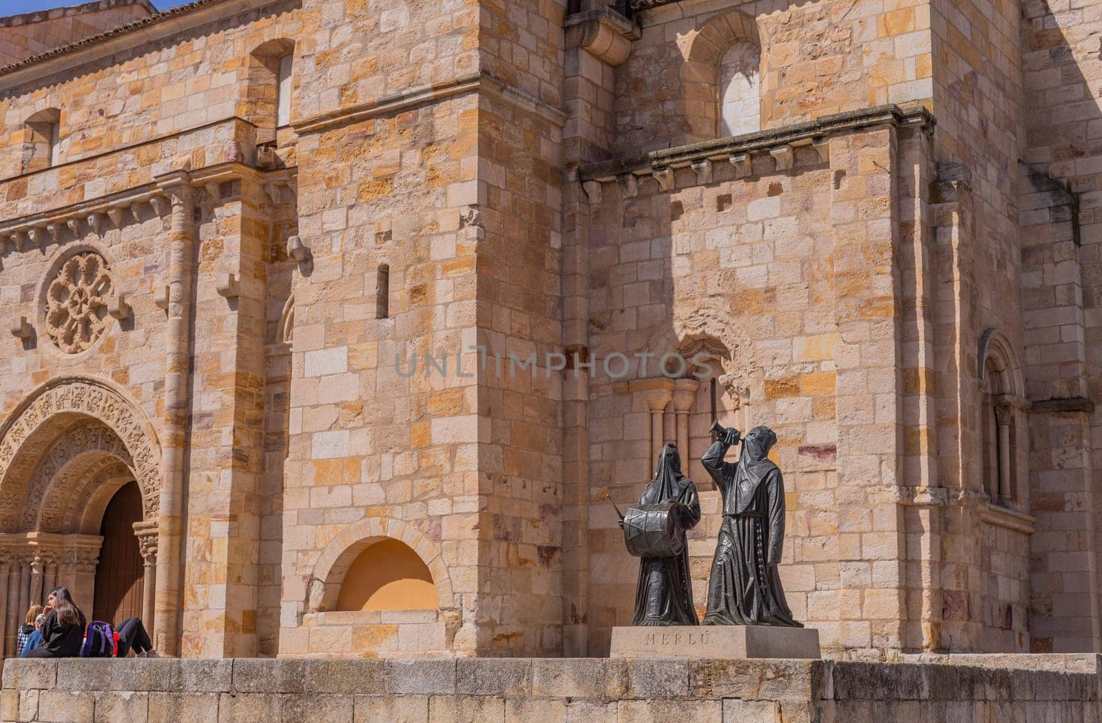 Zamora, Spain - 23 March 2023: Merlu statues near San Juan Bautista church, Zamora. Spain
