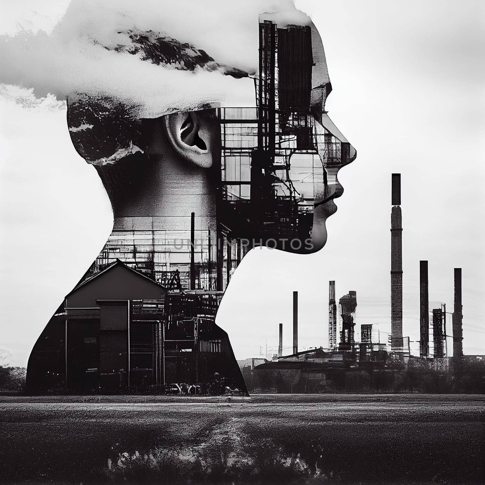 Human silhouette, industrial factory and nature, nuclear power phase-out, sustainable renewable energy, environment and eco, generative AI