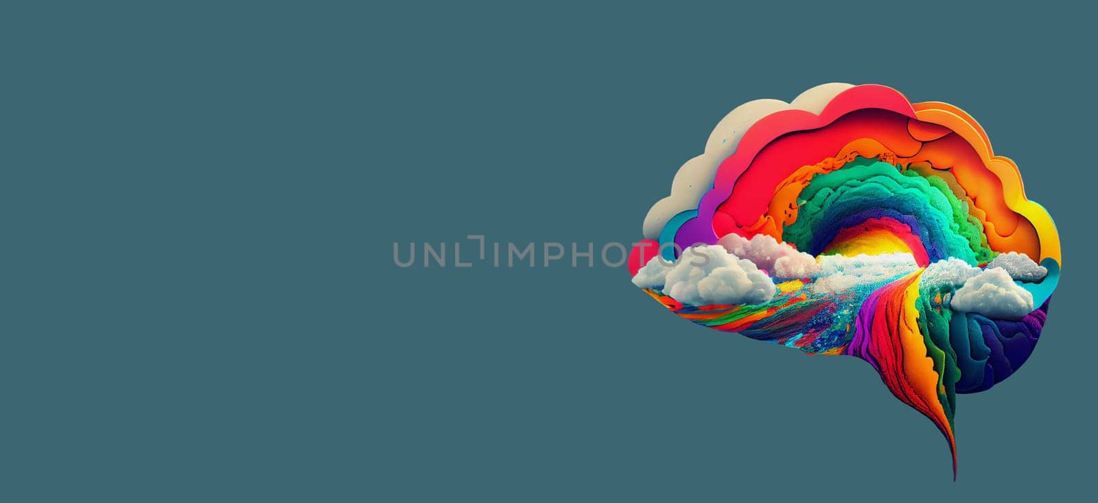 Brain with rainbow colored clouds, creativity explosion, positive thinking mind, self identidy and wave of imagination, generative AI